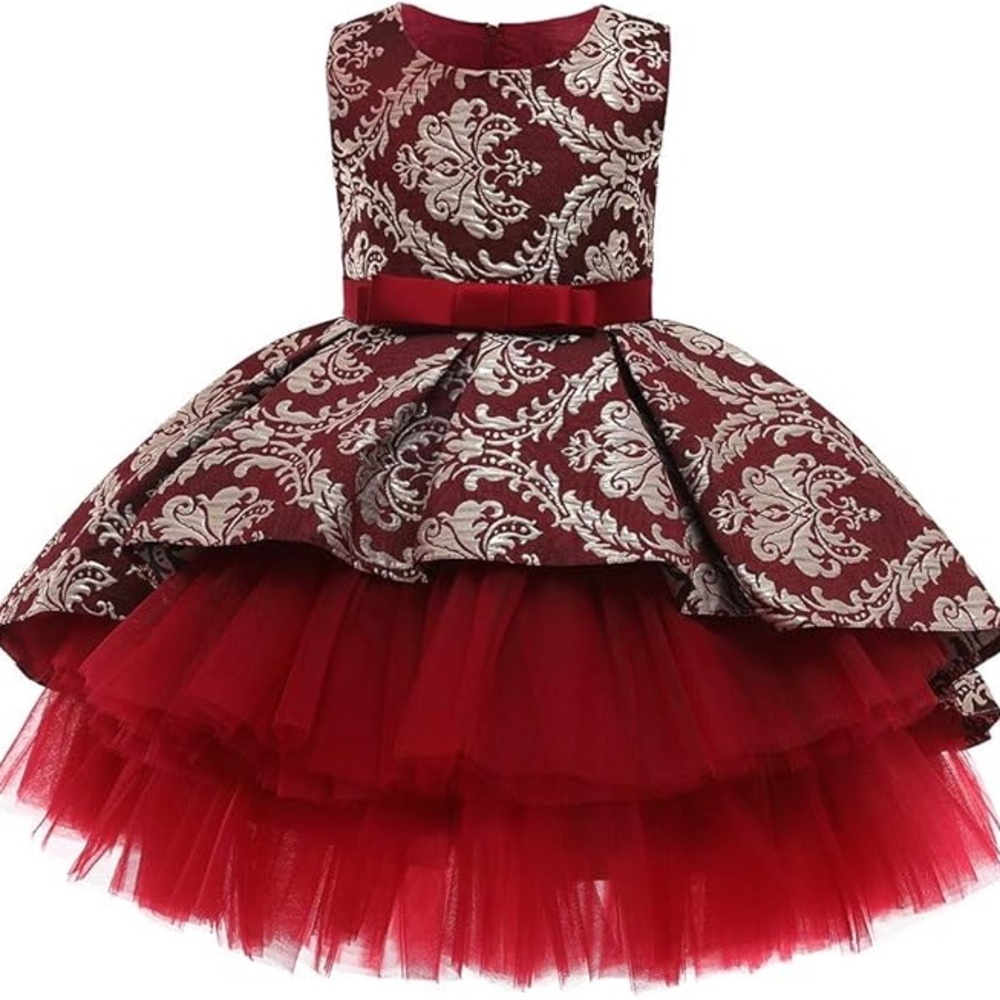 Elegant Burgundy Floral Kids Formal Dress